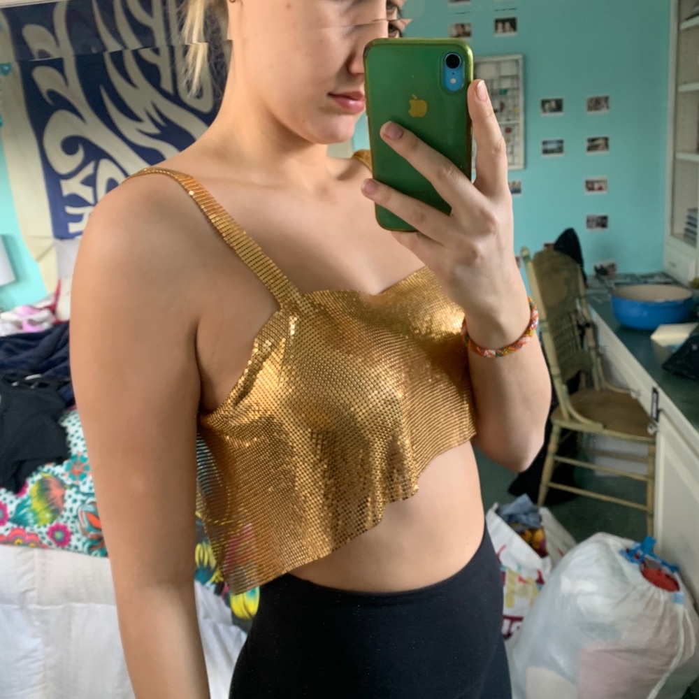 Gold Metal Sequin Mesh Clasp Crop Top